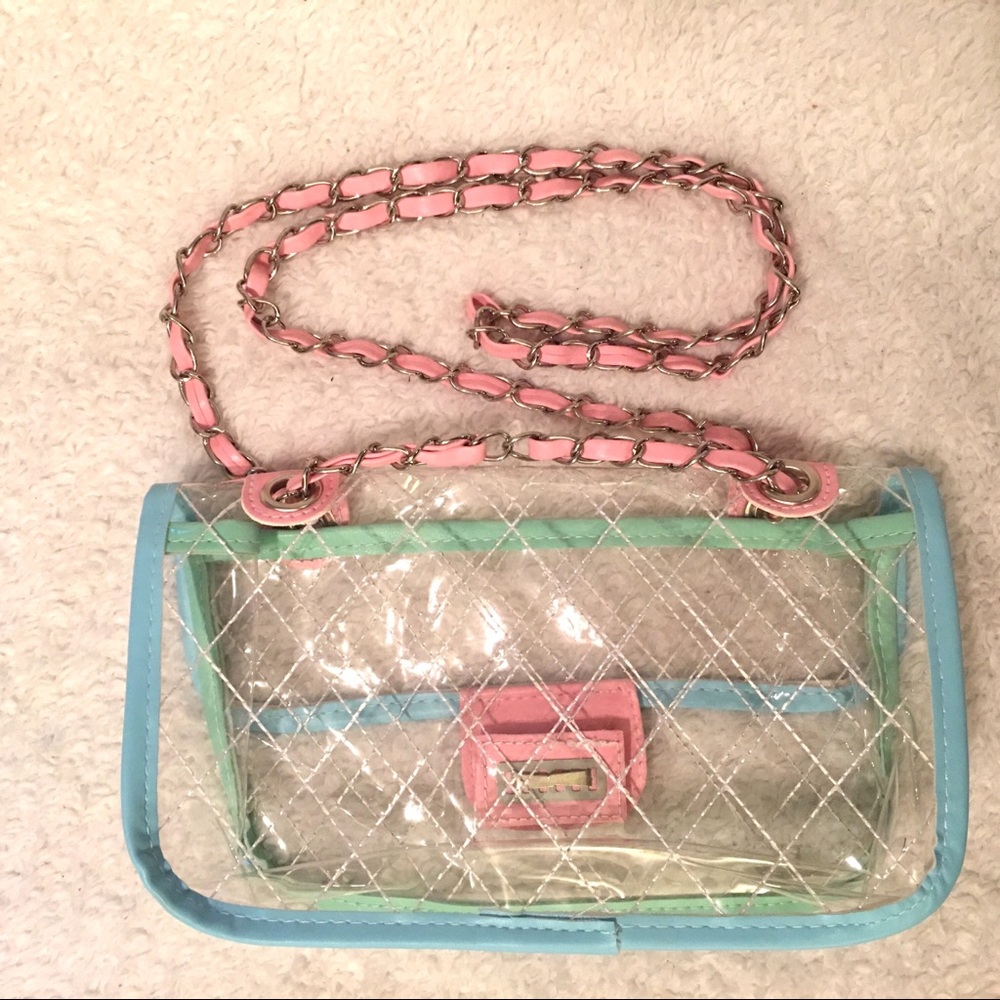 CLEAR OR TRANSPARENT WITH PINK & MINT TRIM HANDBAG - Picture 6 of 8
